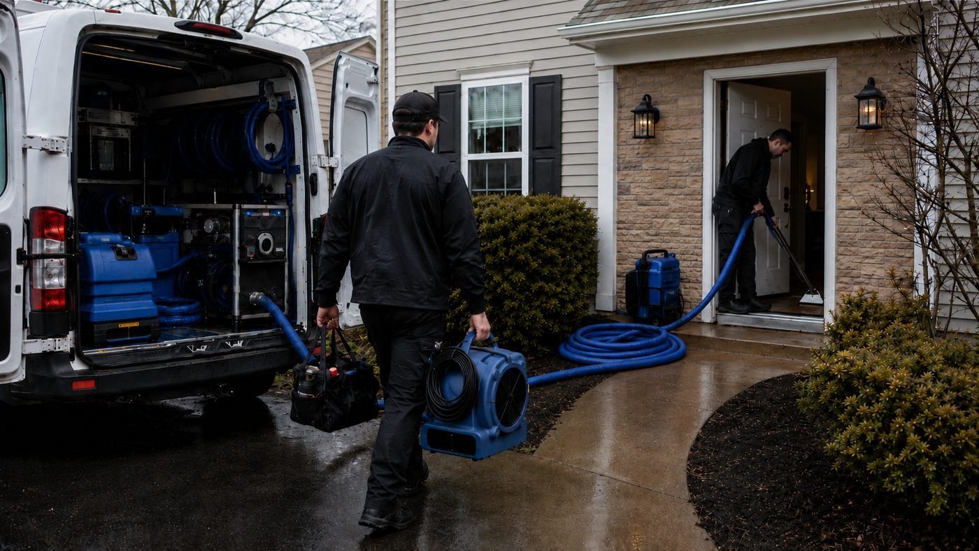 Mitigation technicians unloading extraction equipment and an air mover at a home in Northern Virginia